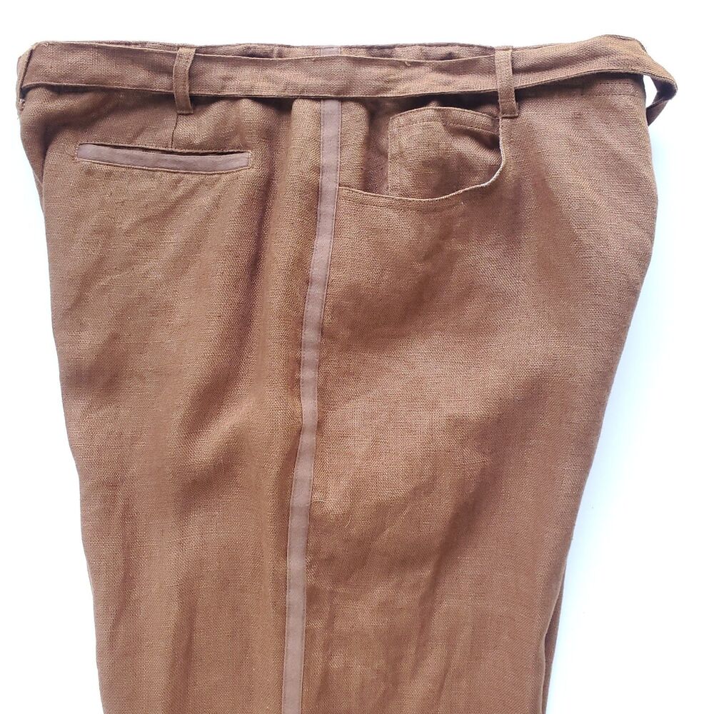 Brown Linen Pants w/ Side Stripe Womens 10 Waist 31" Pockets Tie Belt Minimalist